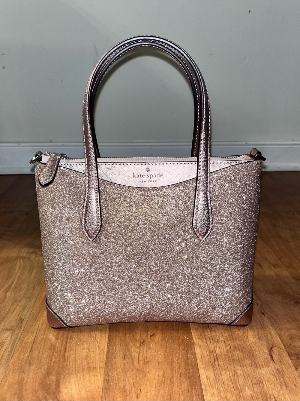 Kate Spade Rose Gold Glitter Tote with Matching Card Holder - Picture 2 of 14